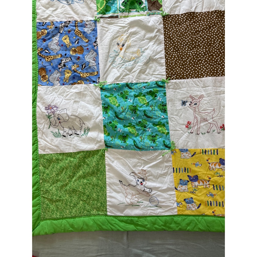 Vintage Handmade Baby Quilt Embroidered Animal Patchwork Green 36x48 Nursery